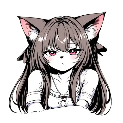 cat girl with long hair looking forward with an ahegao face tattoo design idea