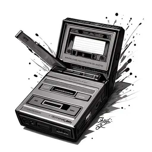 Realistic tattoo design with symbolic meaning: a classic walkman of the 80s with an open cassette tattoo design idea