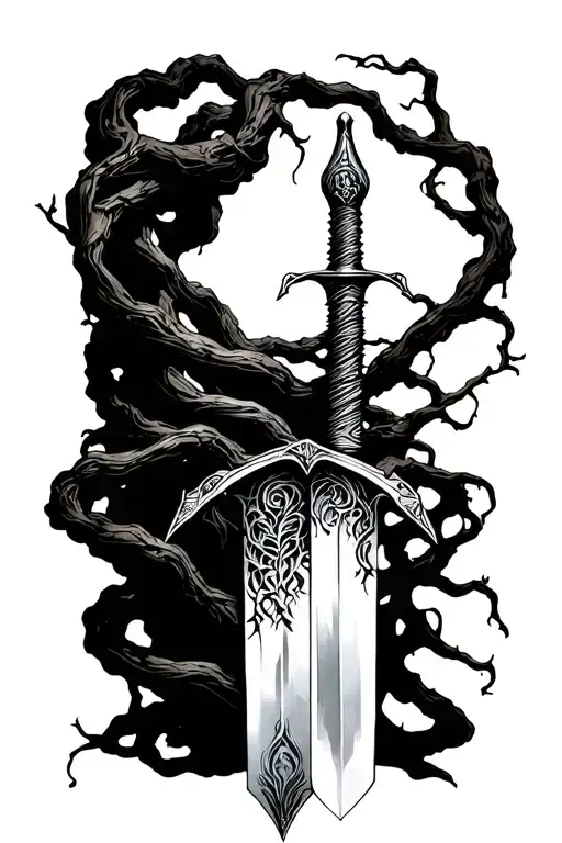 thin swords wrapped in thin vines hanging tattoo design idea