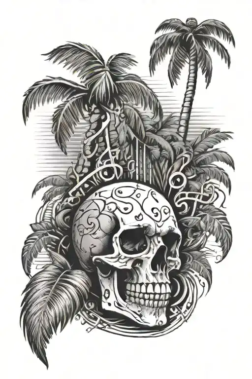 skull music notes palm tree tattoo design idea