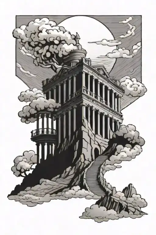 mount Olympus w staircase and clouds underneath tattoo design idea