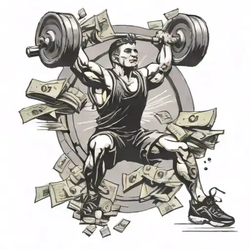 A student lifting weights with money falling around them tattoo design idea
