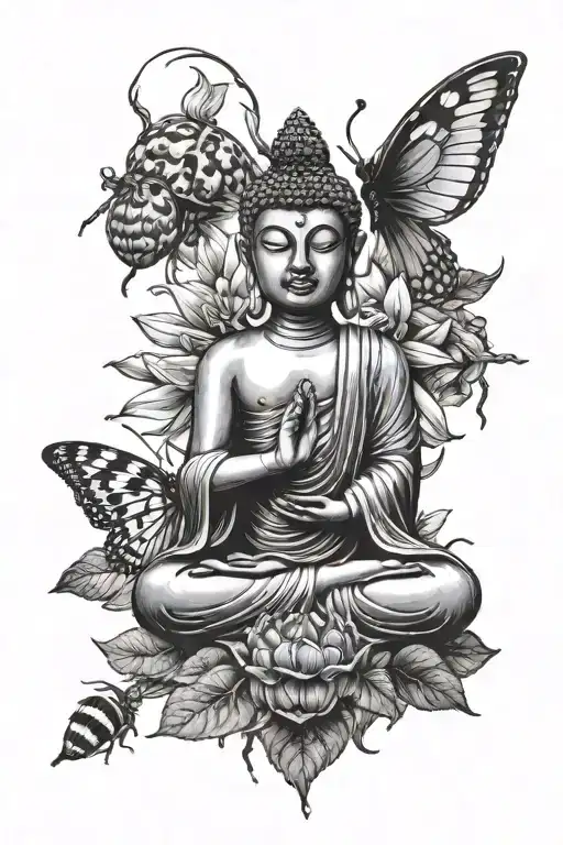 Buddha seated next to small stink bug tattoo design idea