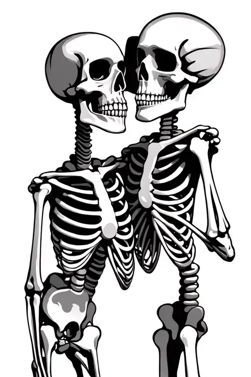two skeletons standing face to face. one is poking its finger into the others eye socket tattoo design idea