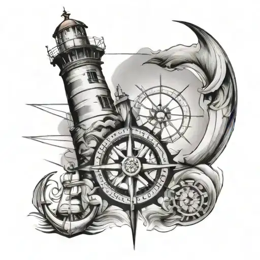 sail, compass, anchor, rudder,lighthouse tattoo design idea