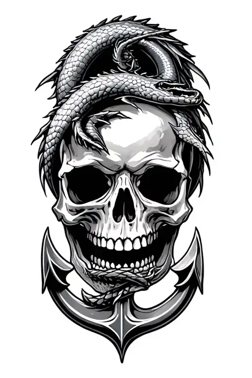 ship sea serpent anchor skull tattoo design idea