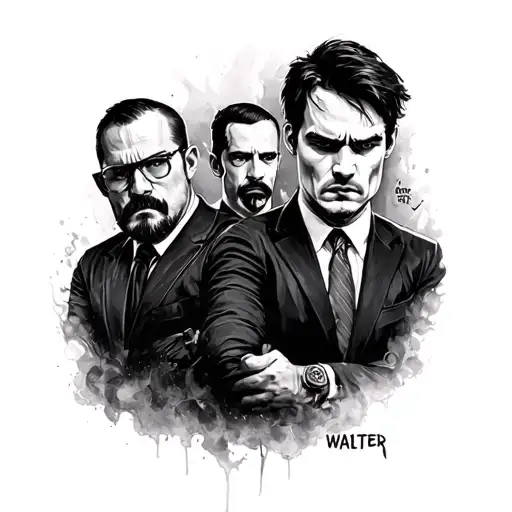 design me a tattoo leg sleeve that has Dexter Morgan, American psycho, Tommy Shelby and Walter white in tattoo design idea