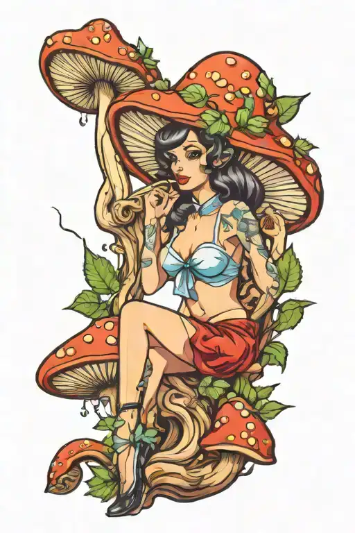 sexy pinup on mushroom smoking weed tattoo design idea