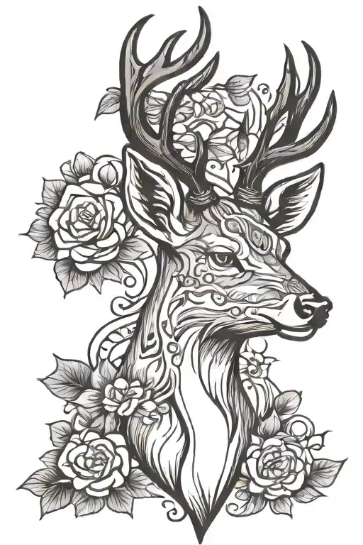 deer head black and white outline filled tattoo design idea