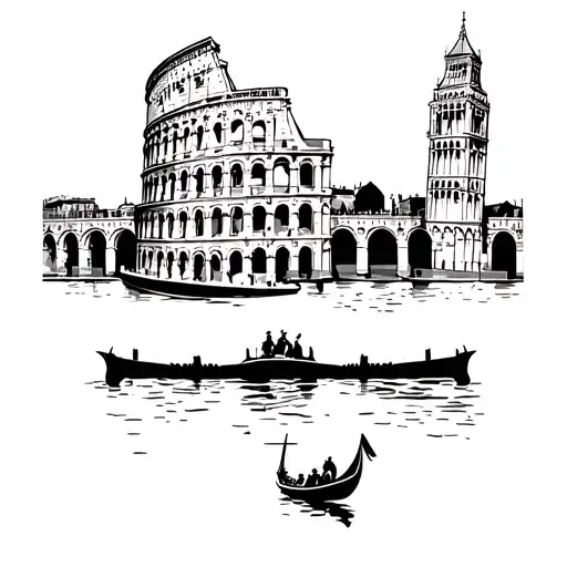 colloseum with the leaning tower of pisa, rialto bridge and a gondola underneath, brandenburg gate and big ben  tattoo design idea