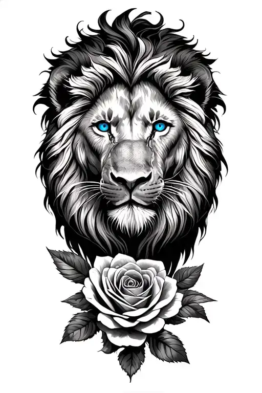 "HD" lion WITH BLUE EYES, rose,  tattoo design idea