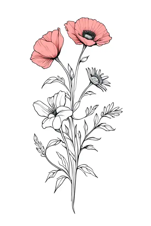 fine line vine with poppy, lilies, and chrysanthemum tattoo design idea