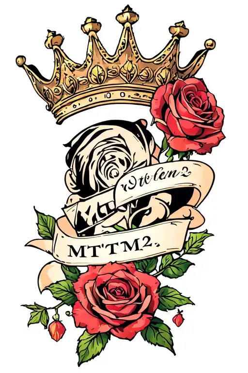 Rose sleeve with the phrase "MTTM2" at the shoulder with a crown hanging off the top tattoo design idea