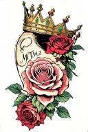 Rose sleeve with the phrase "MTTM2" at the shoulder with a crown hanging off the top tattoo design idea