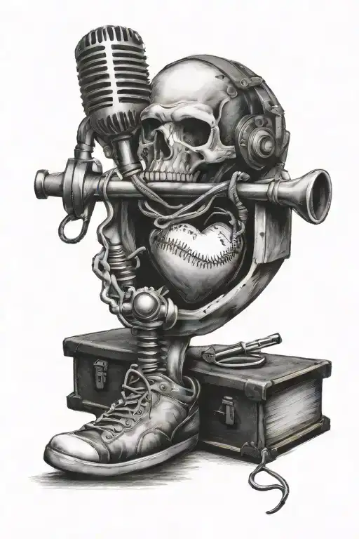 for my pops. softball, microphone, book, bike. into a heart "can't never could until can showed him how tattoo design idea