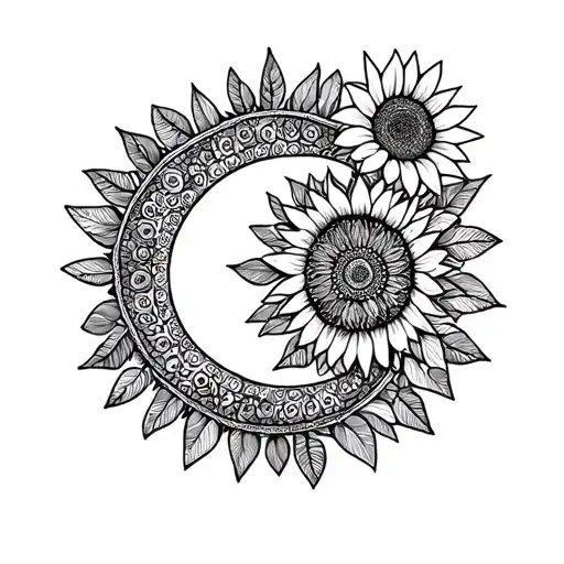 mandala design incorporating sun, moon, ocean, sunflowers and leaves tattoo design idea