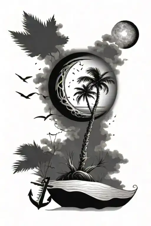 palmetto tree and crescent moon on beach with an anchor in the sand wrapped in rope  tattoo design idea