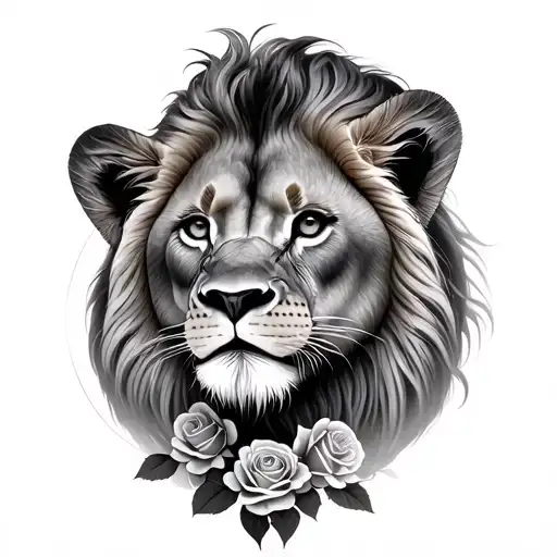 lion and cub faces with roses represet father and daughter tattoo design idea