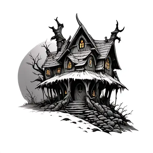 scary baba yaga house tattoo design idea