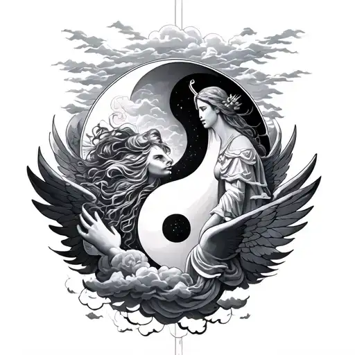 Ying Yang gods angels clouds surrounding tattoo design idea