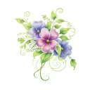 the words "Que sera sera" with purple 4 leaf clover flowers and vines, with lace tattoo design idea