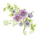 the words "Que sera sera" with purple 4 leaf clover flowers and vines, with lace tattoo design idea