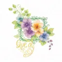 the words "Que sera sera" with purple 4 leaf clover flowers and vines, with lace tattoo design idea