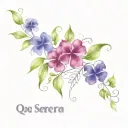 the words "Que sera sera" with purple 4 leaf clover flowers and vines, with lace tattoo design idea