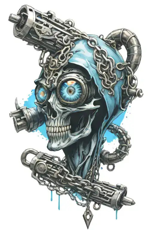 a weapon soul chain weapon light blue alone and angry devil eyes no face with different spectrum of worlds and universe  tattoo design idea