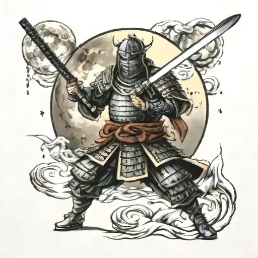 Samurai in armor cuts the moon with a katana tattoo design idea