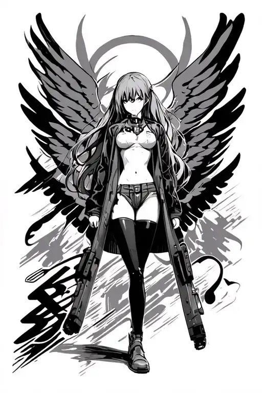 Highly detailed anime illustration of Asuka Langley Soryu from Neon Genesis Evangelion, standing in front of Evangelion  tattoo design idea