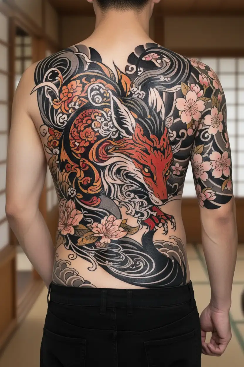 Nine-tailed fox in flowers tattoo design idea