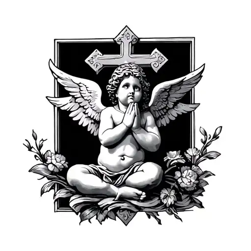 cherub praying with cross surrounded tattoo design idea