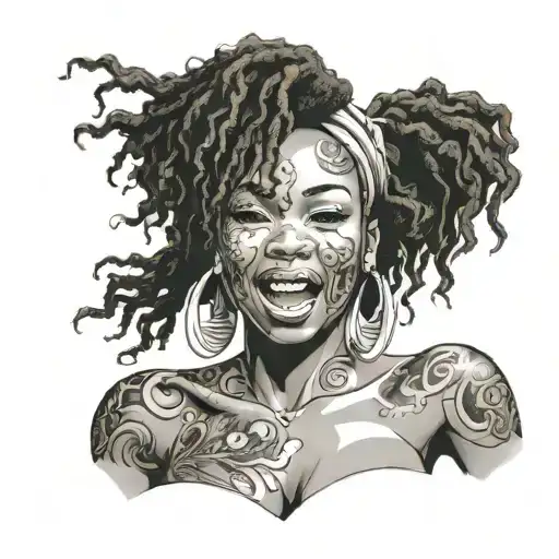 sexy Jamaican black girl, big boobs, seductive, siren, ocean, Afro centric, asian, broad nose, gap between teeth, body tattoo design idea