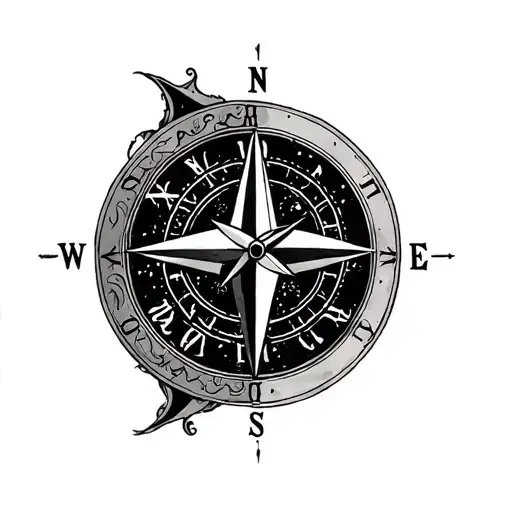 half clock half compass rose tattoo design idea