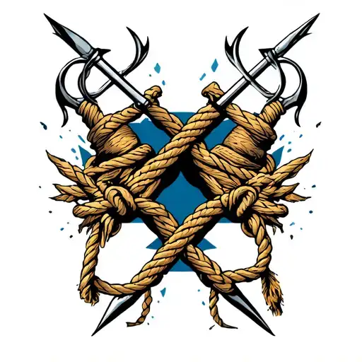 two harpoons going through skin break with rope hanging tattoo design idea