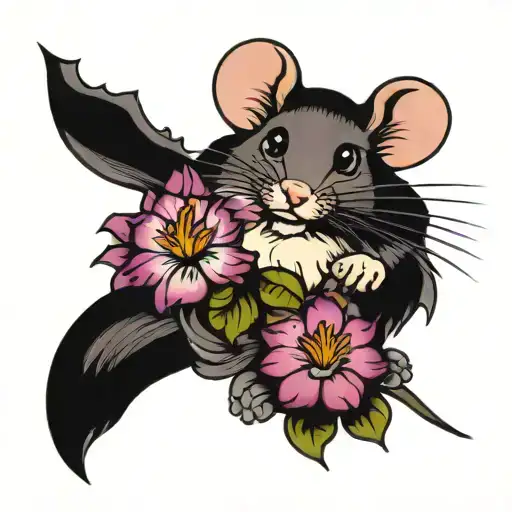 Mouse holding purple japenese Camilla flower blooming tattoo design idea
