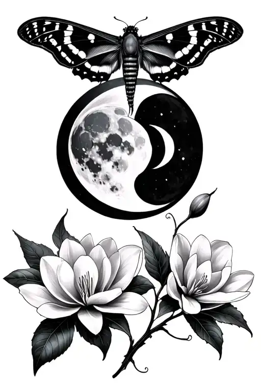 death moth magnolias moon phases tattoo design idea
