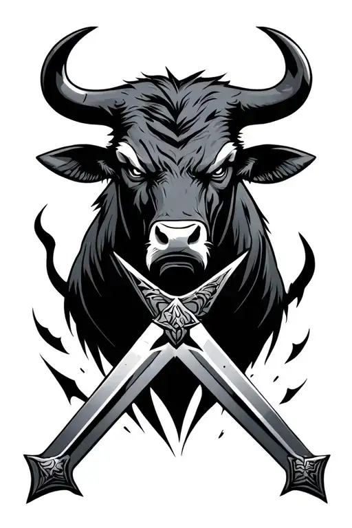 A menacing bull with an angry, intimidating stare in the background. In the foreground, a large claymore-style sword  tattoo design idea