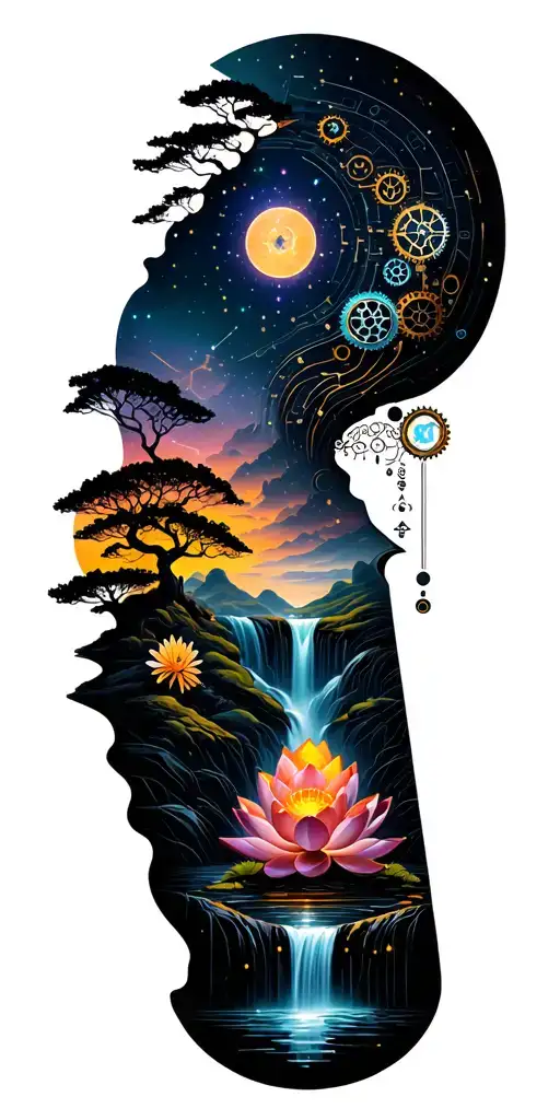 random combo of images of Buddhist landscapes with trees,waterfalls,small lotus flowers,constellations,steampunk gears. tattoo design idea