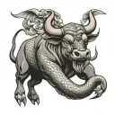 in the style of a traditional japanese tattoo, a bull and a snake. the bull is charging while the snake is curled around tattoo design idea