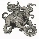 in the style of a traditional japanese tattoo, a bull and a snake. the bull is charging while the snake is curled around tattoo design idea