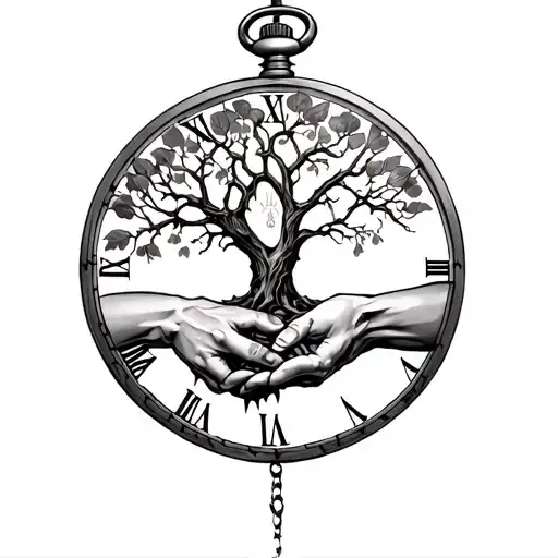 Black and grey tattoo: leafless Tree of Life, stone hands clasped, broken pocket watch, Roman numerals, fading path. tattoo design idea