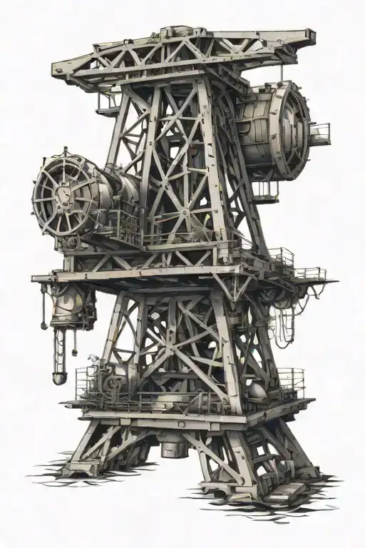 "An oil derrick trophy with intricate latticework. Black and gray design with subtle golden highlights tattoo design idea