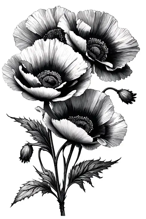 very feminine black and white poppies in length without leaves tattoo design idea