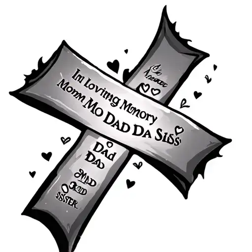 "IN LOVING MEMORY MOM DAD SIS" cross with in loving memory for mom dad and sister tattoo design idea