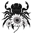 scorpion, Taurus zodiac sign with three gerbera flower tattoo design idea