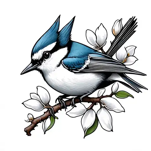 a white Breasted Nuthatch facing downwards on a magnolia tree branch  tattoo design idea