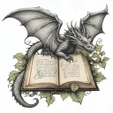dragon gripping open book with ivy vines tattoo design idea