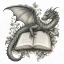 dragon gripping open book with ivy vines tattoo design idea